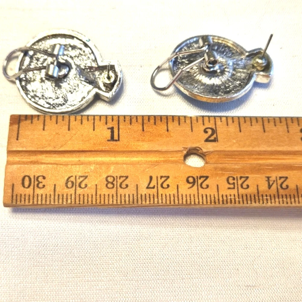 Vintage Silver Etched Blue Rhinestone Enamel Pendant Pierced Earrings Set
